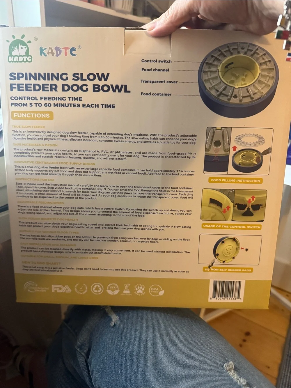 KADTC Blue and Yellow Spinning Slow Feeder Dog Bowl